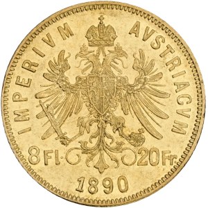 FRANCIS JOSEPH I. 1848-1916 , 8 Gulden/20 Francs 1890 Vienna