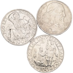Peoples Republic 1948-1960, Lot 3 coins 100 Koruna 1948 Charles University, 1949 Jihlava Mining Privileges, 10 Koruna 1957 Jan Ámos Komenský