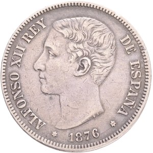 ALFONSO XII. 1874-1885, 5 Pesetas 1876(76) DE-M, 1st portrait
