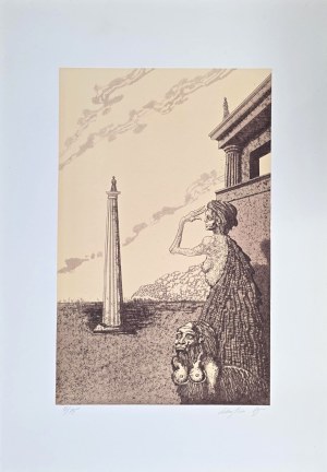 Jan Lebenstein (1930-1999), Bez tytułu (Kobieta, sfinks i obelisk), 1985