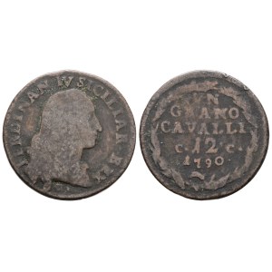 NAPOLI. REGNO DI NAPOLI. Ferdinando IV di Borbone (1759-1799 I per.). Grano 12 cavalli 1790 CC. Cu; 6gr; Gig.139b; Raro; MB