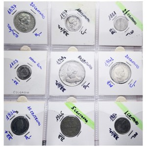COLOMBIA. Lotto di 9 monete. Nominali, metalli, data e conservazioni varie.