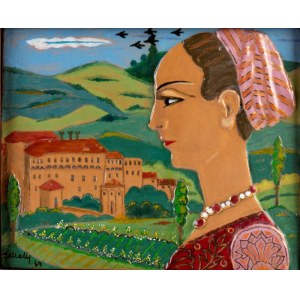 FEDERICO MELIS (Bosa 1891 - Urbania 1969), Urbania krajina s profilom ženy v tradičnom kroji