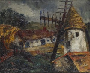 Emmanuel Katz (1894 Krzemieniec - 1962 Tel Awiw), Wiejski pejzaż z wiatrakiem, 1927