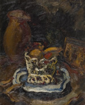 Emmanuel Katz (1894 Krzemieniec - 1962 Tel Awiw), Martwa natura z dzbanem i koszykiem owoców, 1928