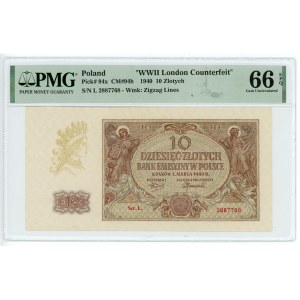10 gold 1940, L series, PMG 66 EPQ, WWII London Counterfeit, 2nd max note