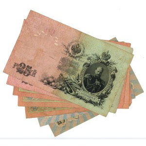 Rosja, 5, 10 oraz 25 rubli 1909, zestaw 7 sztuk
