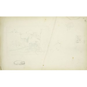 Stanislaw CHLEBOWSKI (1835-1884), Miniature outline of a genre scene, sketch of a sleeping dog and sketches of a horse