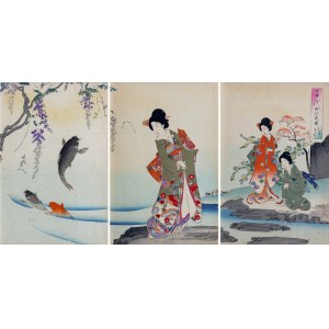 Toyohara Chikanobu (1838-1912), Carp leaping from a pond under a glycine tree, from the series: Interior of Chiyoda Palace, published by Fukuda Hatsujiro, Japan, 1895.