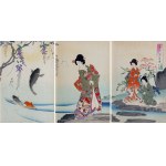 Toyohara Chikanobu (1838-1912), Carp leaping from a pond under a glycine tree, from the series: "Interior of Chiyoda Palace," published by Fukuda Hatsujiro, Japan, 1895.