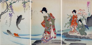 Toyohara Chikanobu (1838-1912), Karpie wyskakujące ze stawu pod drzewem glicynii, z serii: „Wnętrze pałacu Chiyoda”, wyd. Fukuda Hatsujiro, Japonia, 1895 r.