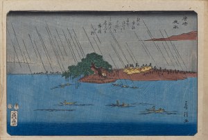 Utagawa Fusatane (czynny ok. 1854-1888), Nocny deszcz w Karasaki, z serii: Osiem widoków Omi, okres późnego Edo, ok. 1854 r.