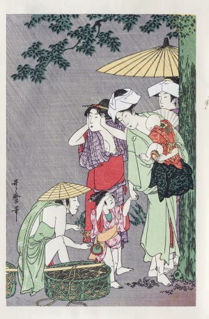 Kitagawa Utamaro (1753-1806), Schronienie przed deszczem pod wielkim drzewem, wyd. Japonia, po 1960 r.