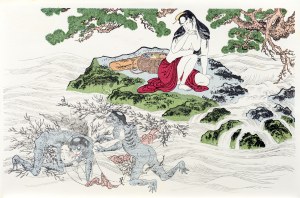 Kitagawa Utamaro (1753-1806), Poławiaczki małży i demon Kappa, z serii: Utamakura, wyd. Ishu-Kankokai, Tokio/Japonia ok. 1970 r.