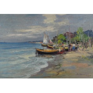 Eugeniusz DZIERŻENCKI (1905-1990 ), Łodzie rybackie na brzegu