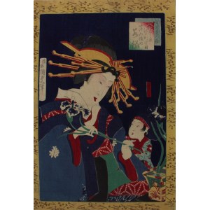 Utagawa Kunisada II, Edomachi Kurtisane beim Arrangieren von Irisblüten aus der Serie Ikiutsushi bijin kurabe.