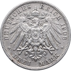 Niemcy, Bawaria, Otto, 3 marki 1908 D, Monachium