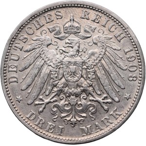 Niemcy, Badenia, Fryderyk II, 3 marki 1908 G, Karlsruhe