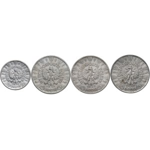 Second Polish Republic, set of 2 zlote coins from 1934 and 5 zlotych coins from 1934–1936 featuring Józef Piłsudski (4 pieces)