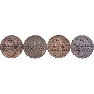 Second Polish Republic, set of 5 groszy coins, 1926–1931 (4 pieces)