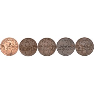 Second Polish Republic, set of 5 groszy coins, 1935–1939 (5 pieces)