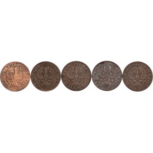 Second Polish Republic, set of 5 groszy coins, 1935–1939 (5 pieces)