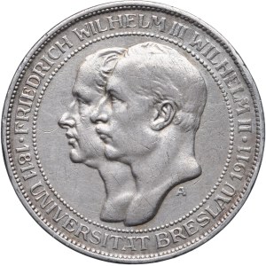 Niemcy, Prusy, 3 marki 1911 A, Berlin, 100- lecie uniwersytetu we Wrocławiu