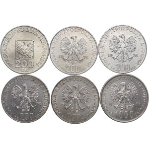 PRL, zestaw 200 złotych 1974 XXX lat PRL-u, 1976 Olimpiada, 1000 złotych 1982 Jan Paweł II (6szt.)