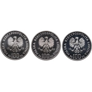 PRL, zestaw 100 złotych 1979 Henryk Wieniawski, 1980 Jan Kochanowski, 1981 Władysław Sikorski (3szt.)