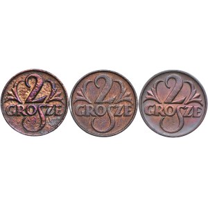 Second Polish Republic, set of 2 grosze coins from 1925, 1931, and 1939 (3 pieces)