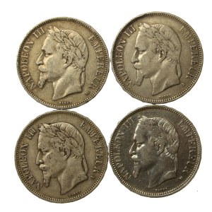 France, Napoleon III, set of 5 francs 1867-1870. total of 4 pieces. (121)