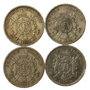 France, Napoleon III, set of 5 francs 1867-1870. total of 4 pieces. (121)