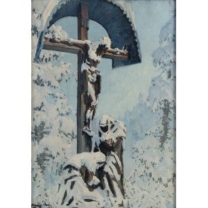 Marian Mróz (1908 Dąbrówka Tuchowska - 1967 ), Roadside shrine in winter, 1954