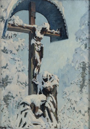 Marian Mróz (1908 Dąbrówka Tuchowska - 1967 ), Przydrożna kapliczka zimą, 1954