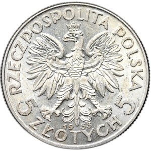 II Rzeczpospolita, 5 zlotých 1933, hlava ženy, Varšava