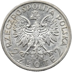 II Rzeczpospolita, 2 zloté 1933, hlava ženy, Varšava
