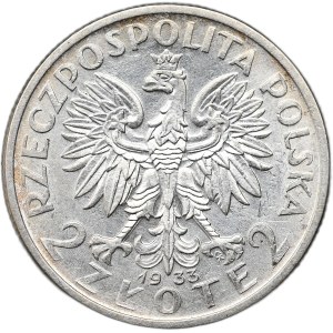 II Rzeczpospolita, 2 zloté 1933, hlava ženy, Varšava