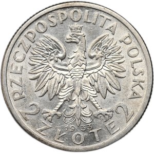 II Rzeczpospolita, 2 zloté 1933, hlava ženy, Varšava