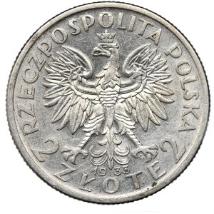 II Rzeczpospolita, 2 zloté 1933, hlava ženy, Varšava