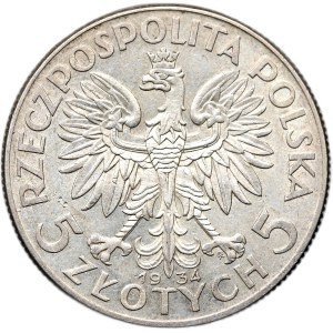II Rzeczpospolita, 5 zlotých 1934, hlava ženy, Varšava