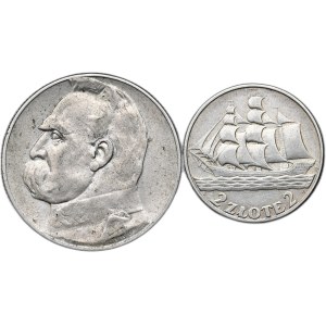 Ensemble de 2 pièces 5 zlotys 1934 Piłsudski, 2 zlotys 1936 voilier