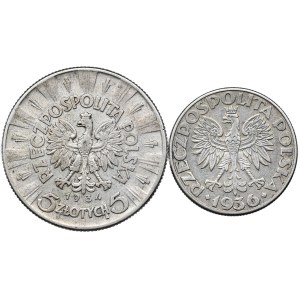 Ensemble de 2 pièces 5 zlotys 1934 Piłsudski, 2 zlotys 1936 voilier