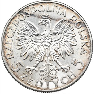 II Rzeczpospolita, 5 zlotych 1934, woman's head, Warsaw