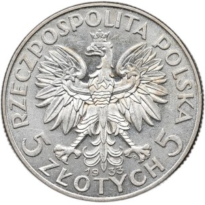 II Rzeczpospolita, 5 zlotých 1933, hlava ženy, Varšava