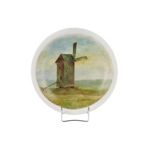 by: Jozef Rapacki, Windmill, Hand-painted decorative platter, Ćmielów Table Porcelany Factory.