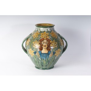 Two-handled vase in polychrome ceramic early 20th century