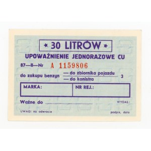 Fuel supply card, one-time authorization CU, 87-II-Nr - 30 liters (225)