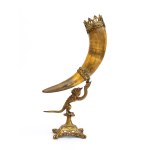 Buffalo horn mounted on a gilded metal base - Europe, 19th century