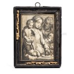 Raffaello Guidi (ambito di) - Cornelis Galle III (ambito di) (1585 - 1615, 1642 ca. - post 1670), Ivory engraving with ink depicting The Holy Family with the Porridge Bowl - Early 17th century