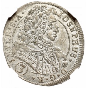 Czechy pod panowaniem Habsburgów, Józef I, 3 krajcary 1707, Kutna Hora - NGC MS64